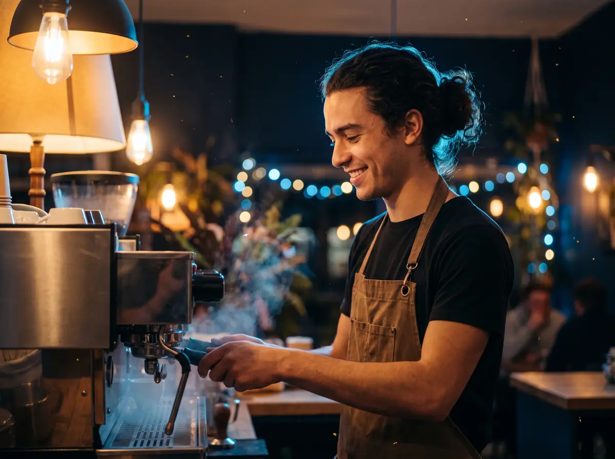 The barista smiling at the espresso machine