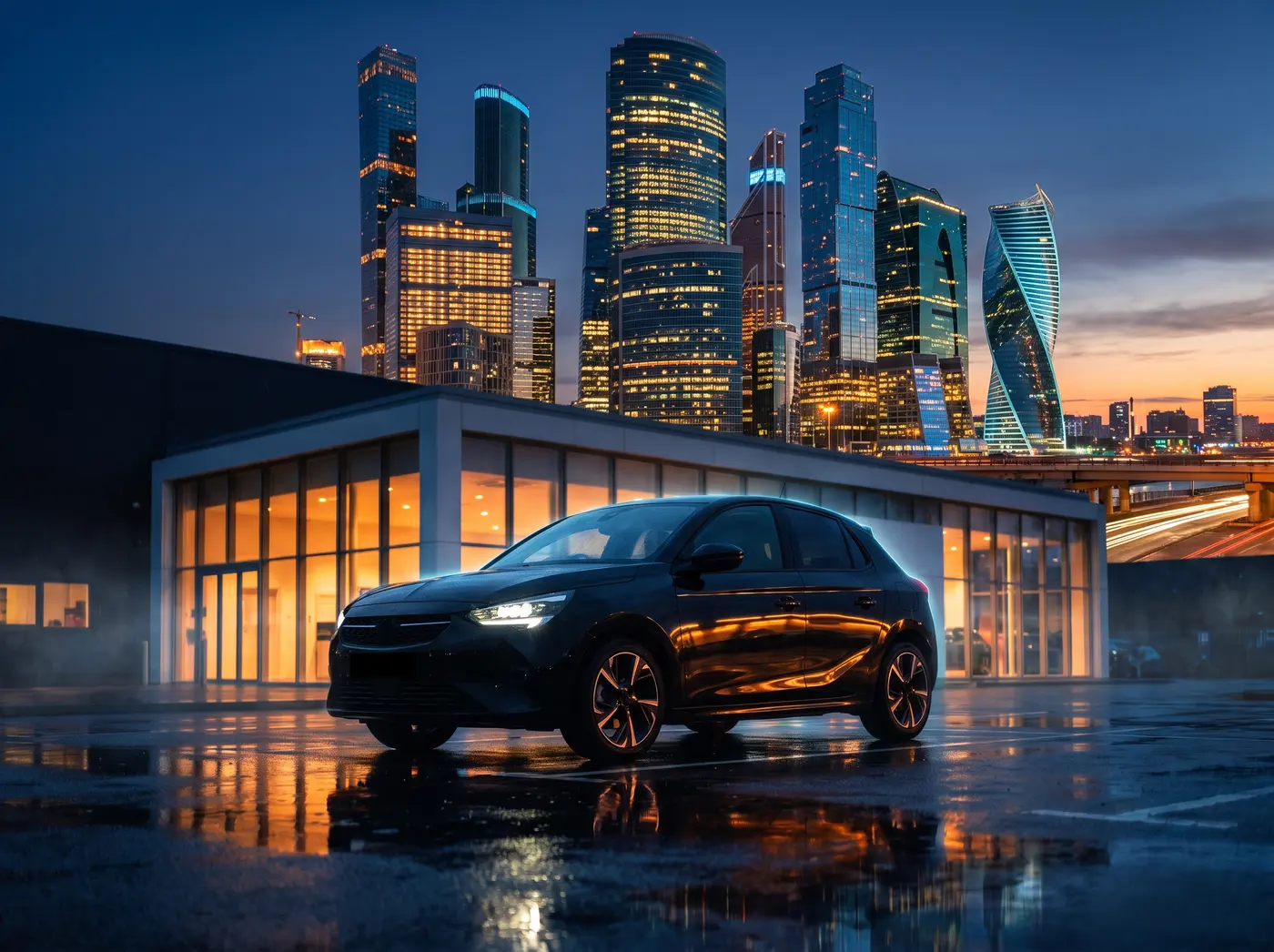 The same car on the same forecourt at blue hour, the city skyline lit up behind it