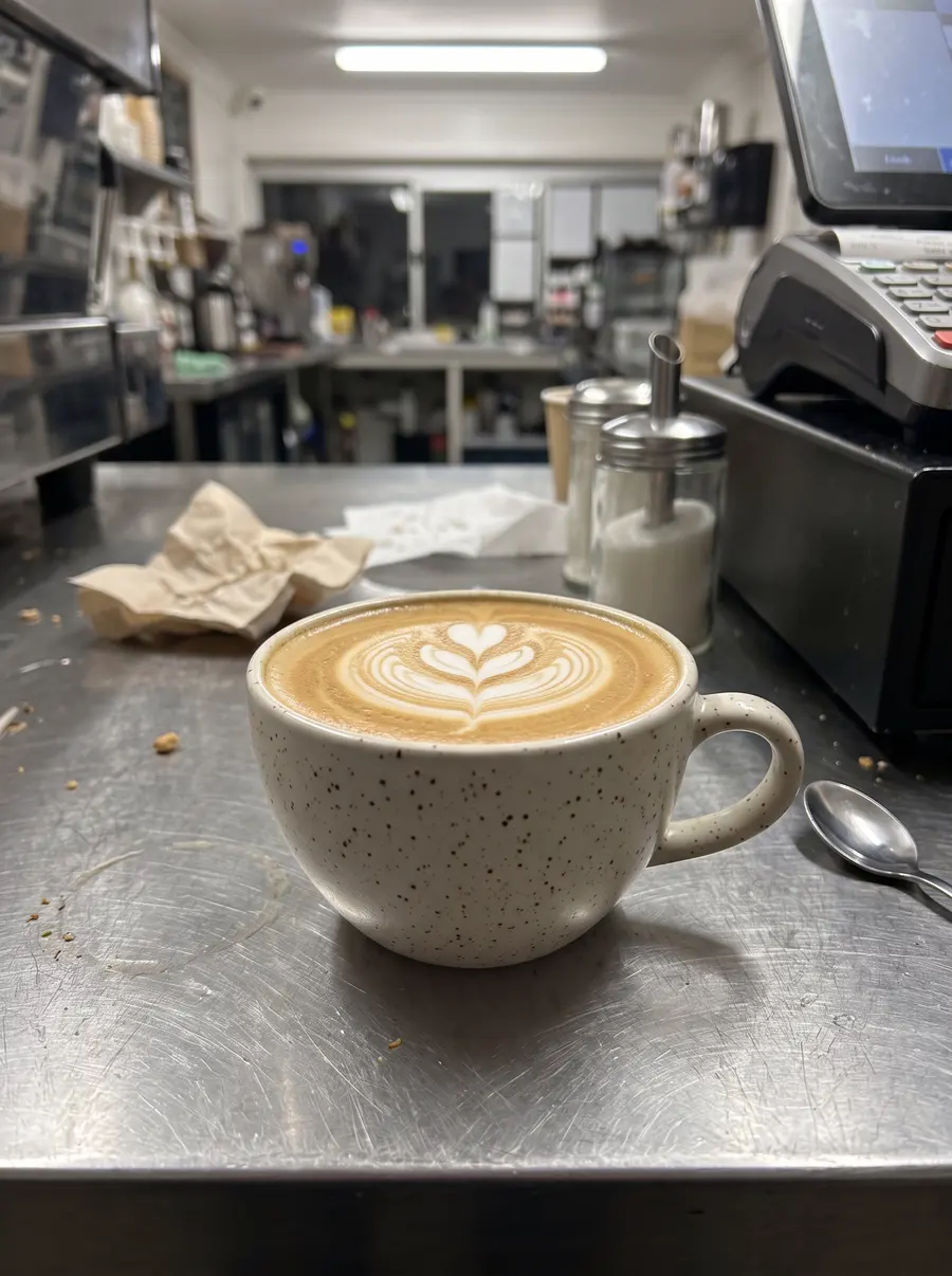 An ordinary phone photo of a latte on a cluttered counter